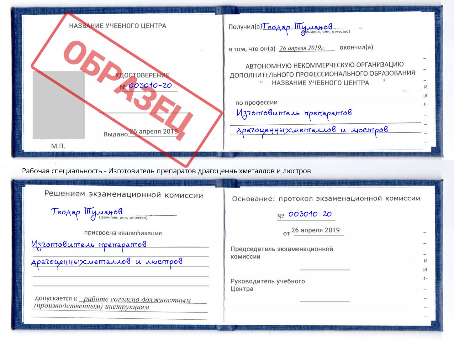 Изготовитель препаратов драгоценныхметаллов и люстров Карабулак