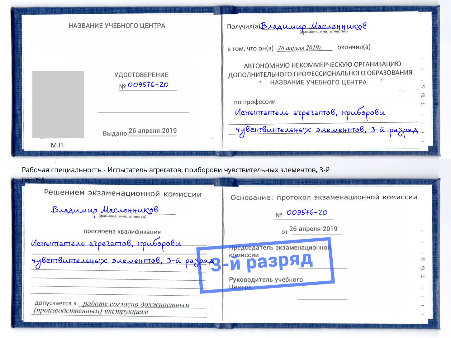 корочка 3-й разряд Испытатель агрегатов, приборови чувствительных элементов Карабулак