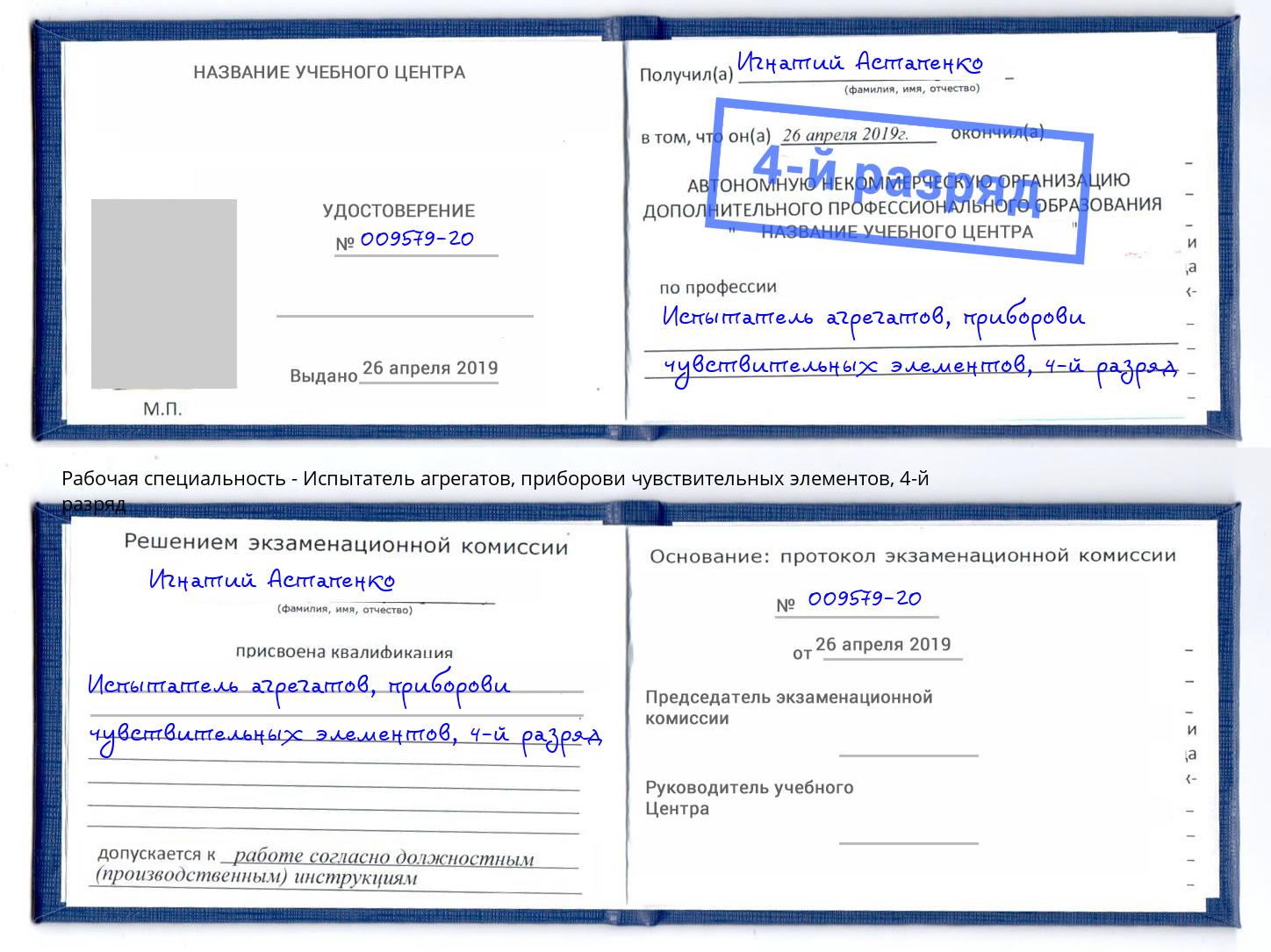 корочка 4-й разряд Испытатель агрегатов, приборови чувствительных элементов Карабулак