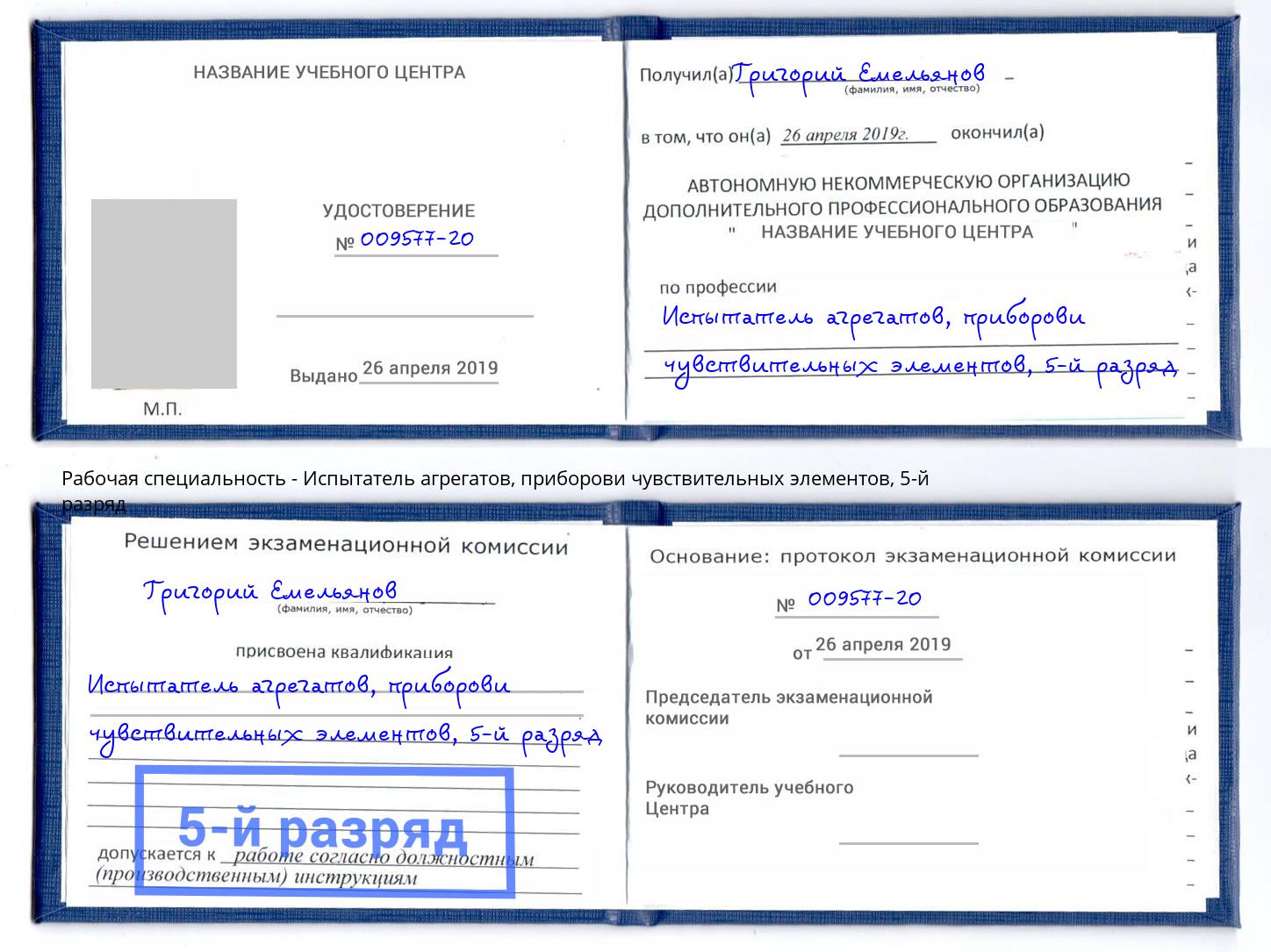 корочка 5-й разряд Испытатель агрегатов, приборови чувствительных элементов Карабулак