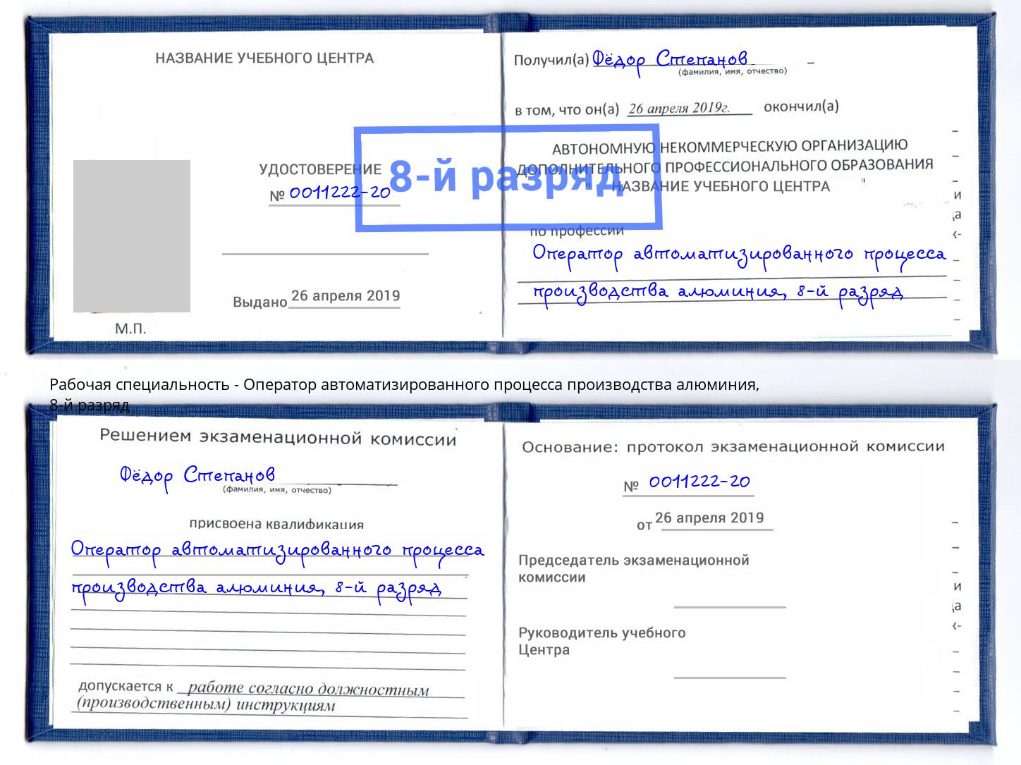 корочка 8-й разряд Оператор автоматизированного процесса производства алюминия Карабулак