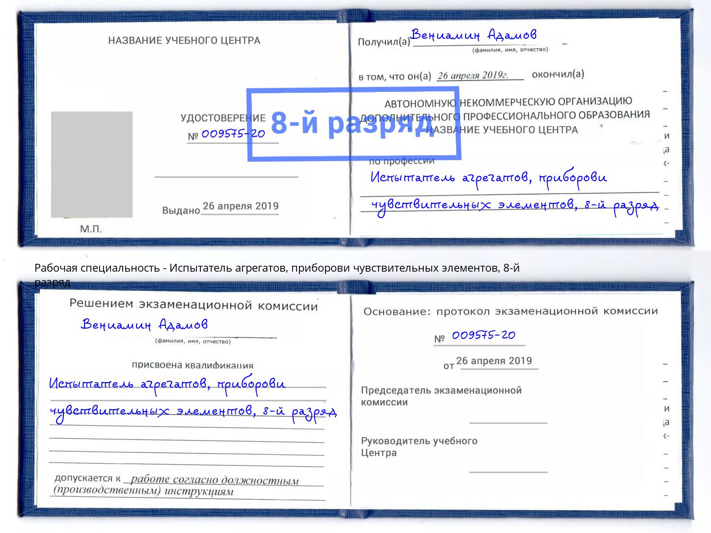 корочка 8-й разряд Испытатель агрегатов, приборови чувствительных элементов Карабулак